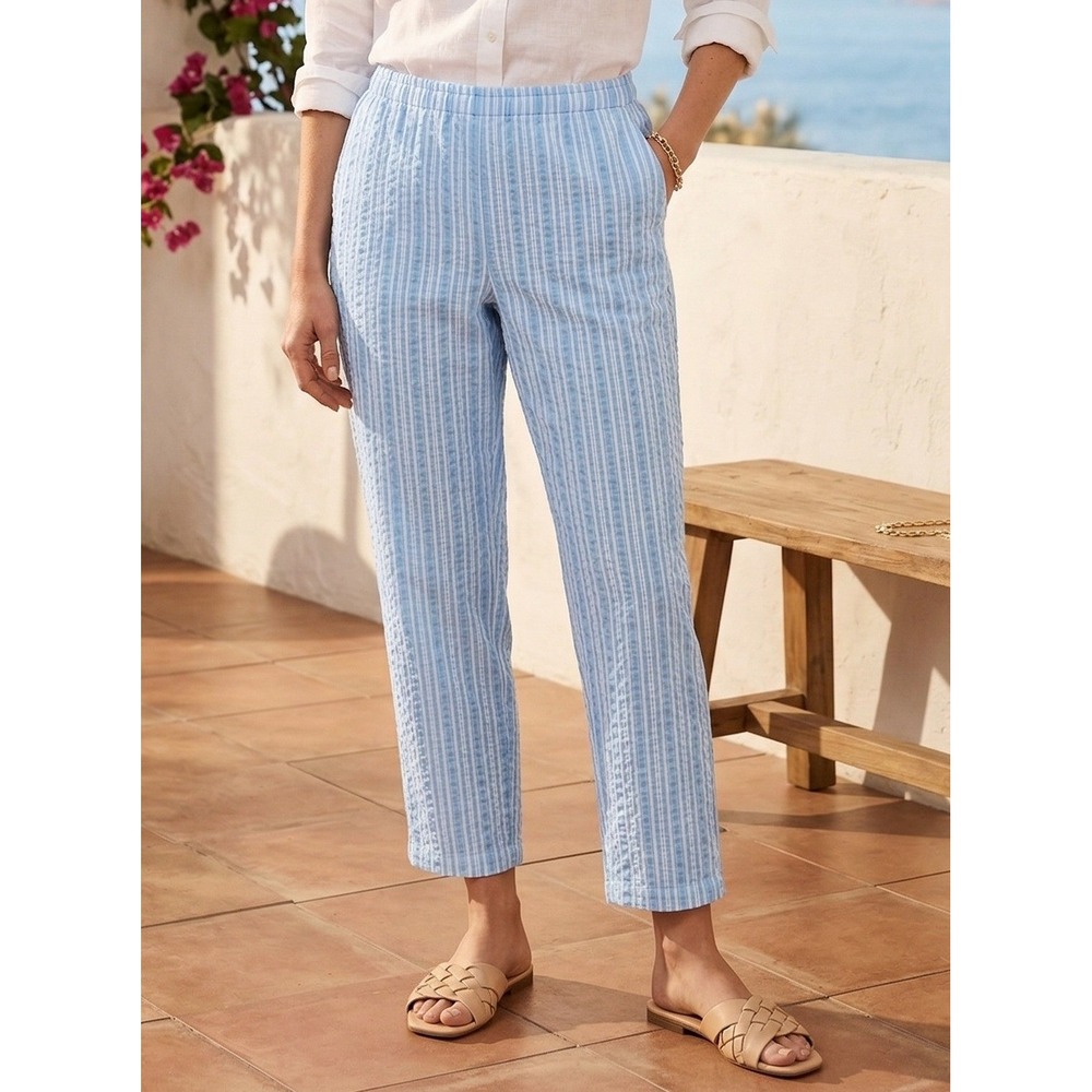 Appleseeds Petites Striped Seersucker Pants Womens 12P Blue White Cotton Coastal